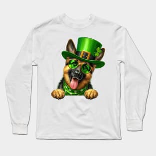 St Patricks Day Peeking German Shepherd Dog Long Sleeve T-Shirt